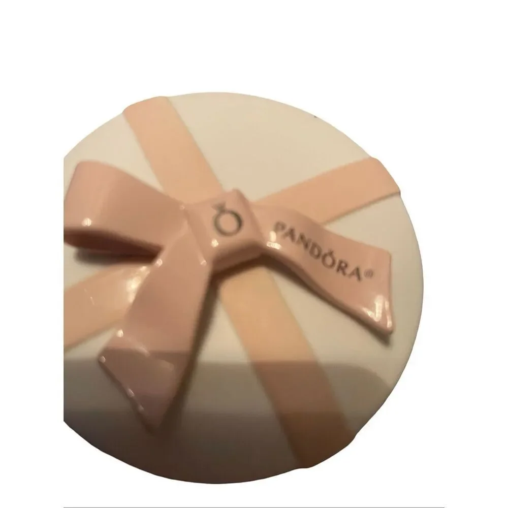 Pandora Cream and Pink Bow Porcelain Round Keepsake Jewelry Trinket Box